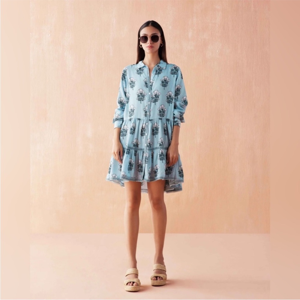 Omika Elegant Floral Long Sleeve Dress in Sky Blue